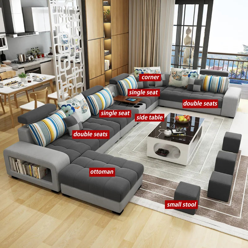 Wooden L-Shaped Sofa Set Light Luxury With Tufted Cushions And Integrated Arm Shelf — Ivory | KIMLUD
