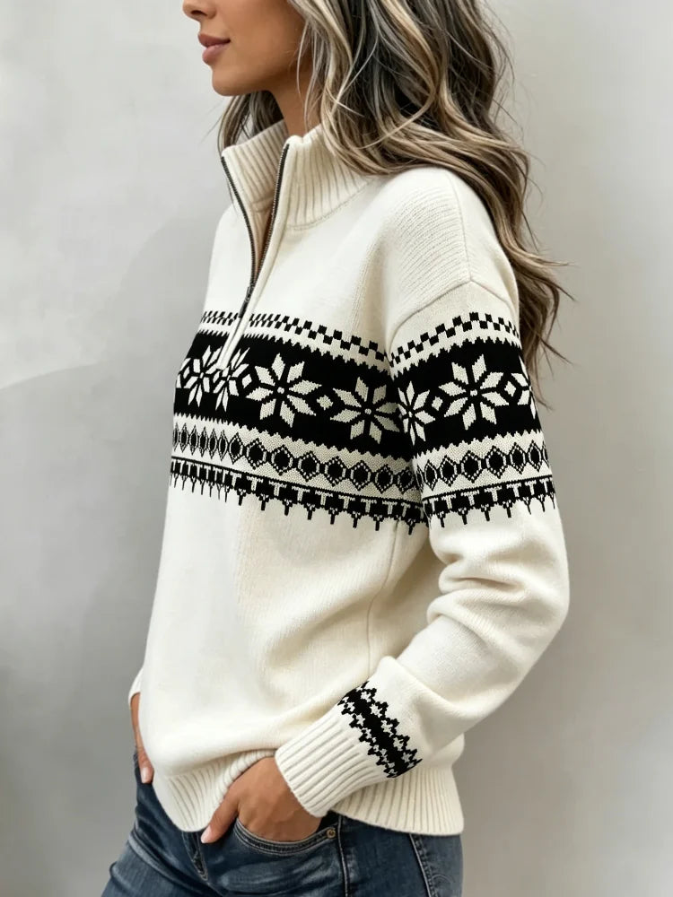 Sweater – Half Zip Mock Neck – Jacquard Knit – Cream White | KIMLUD