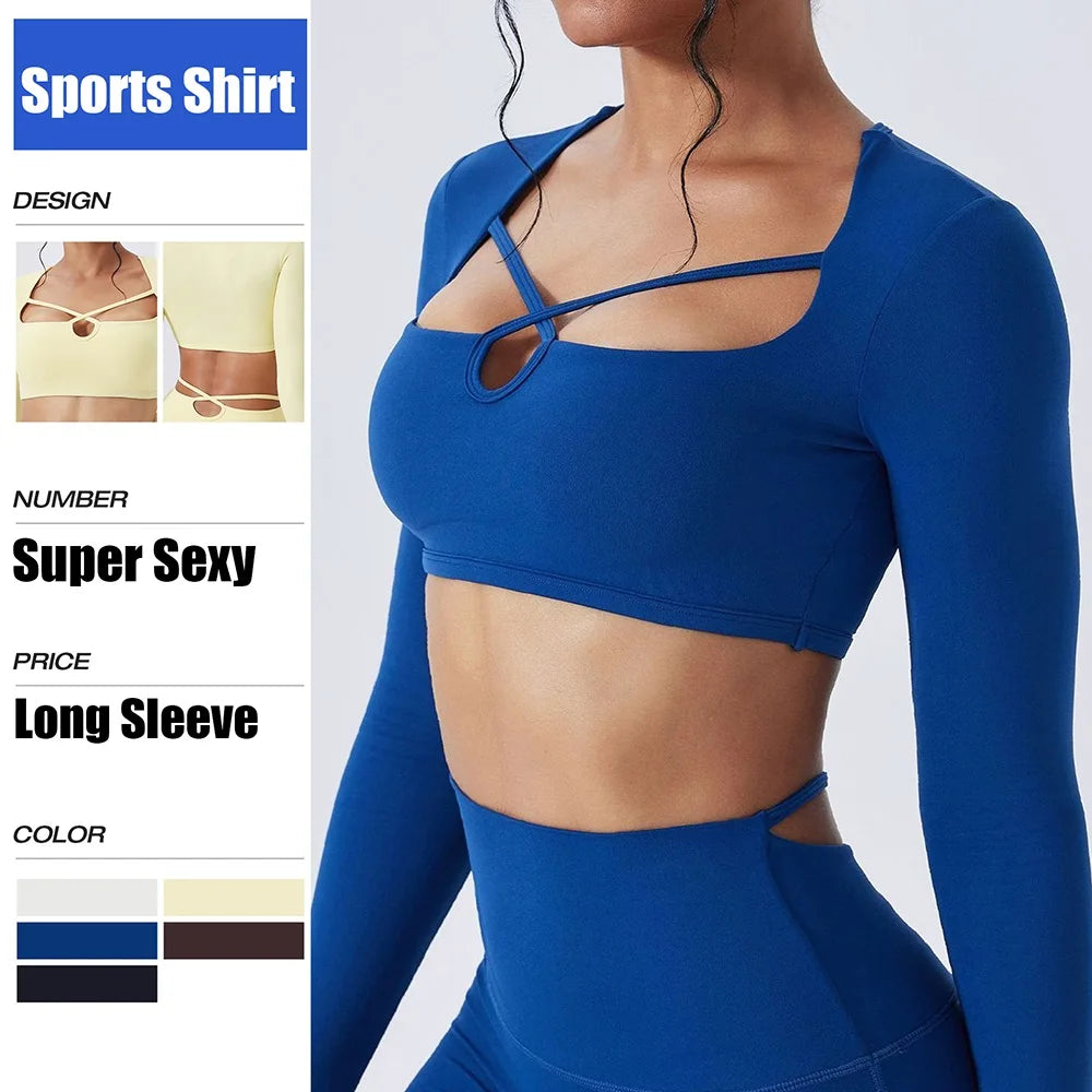 Nylon Elastane Long Sleeve Yoga Top Skin-Hugging — Blue | KIMLUD