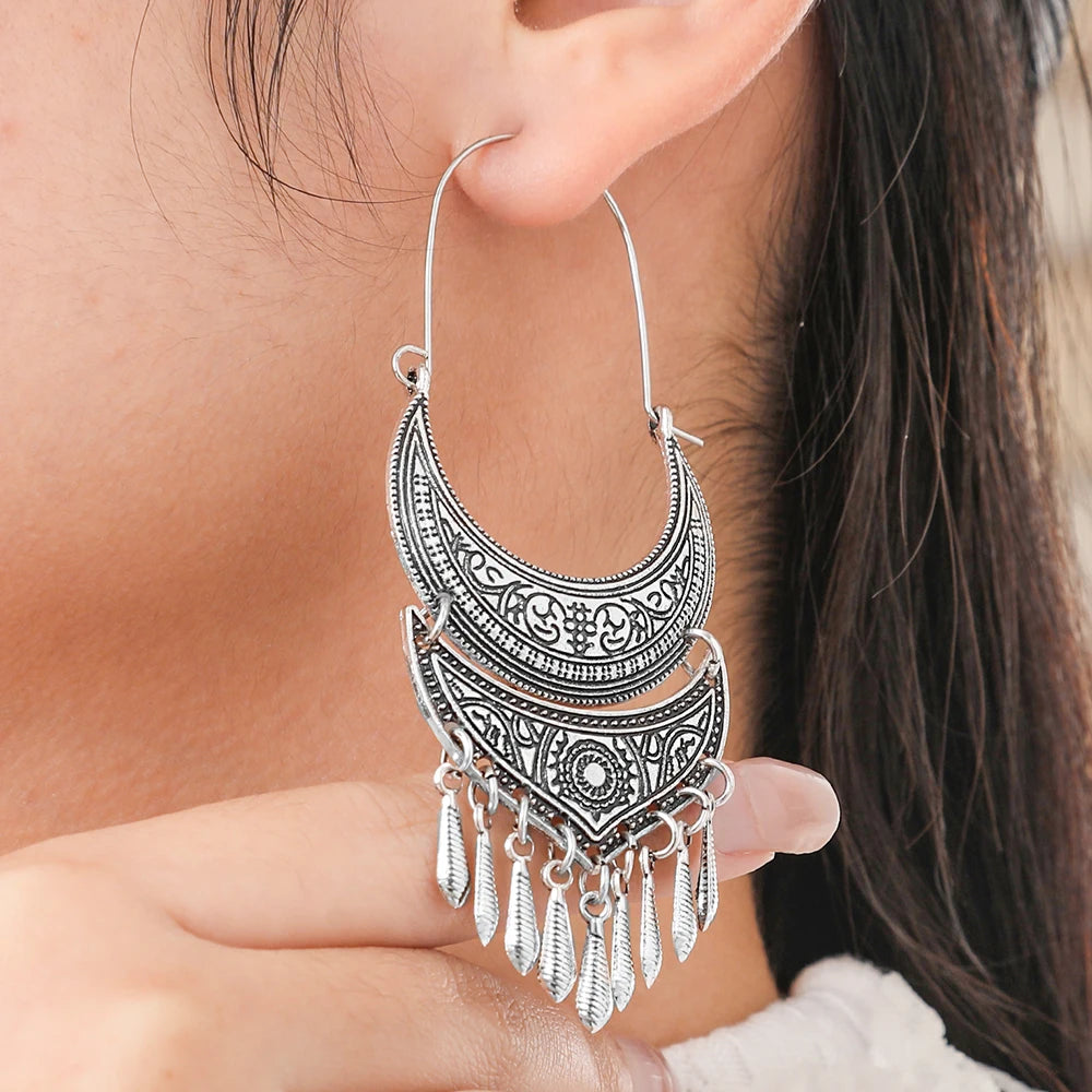 Tassel Drop Earrings – Crescent Moon Carving – Zinc Alloy – Silver | KIMLUD