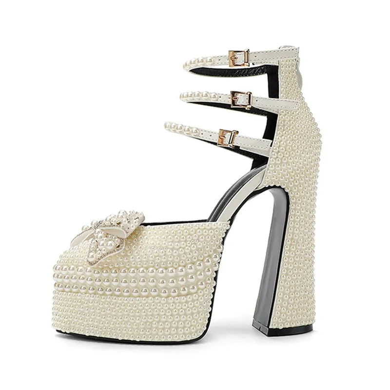 Luxury Handmade Full Pearls Rhinestones Bowknot Women Pumps Fashion Ankle Strap Platform Wedges High heels Banquet Wedding Shoes