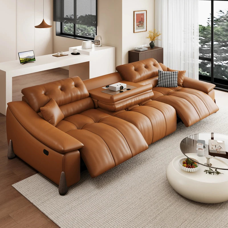 Leather Minimalist Sofa Bed With Hand-Finished First Layer Cowhide And Subtle Italian Hardware — Caramel Brown | KIMLUD
