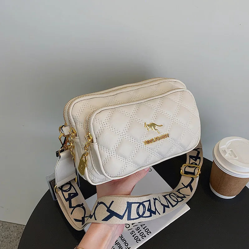 Leather Crossbody Bag Argyle Pattern With Multiple Pockets — Black | KIMLUD