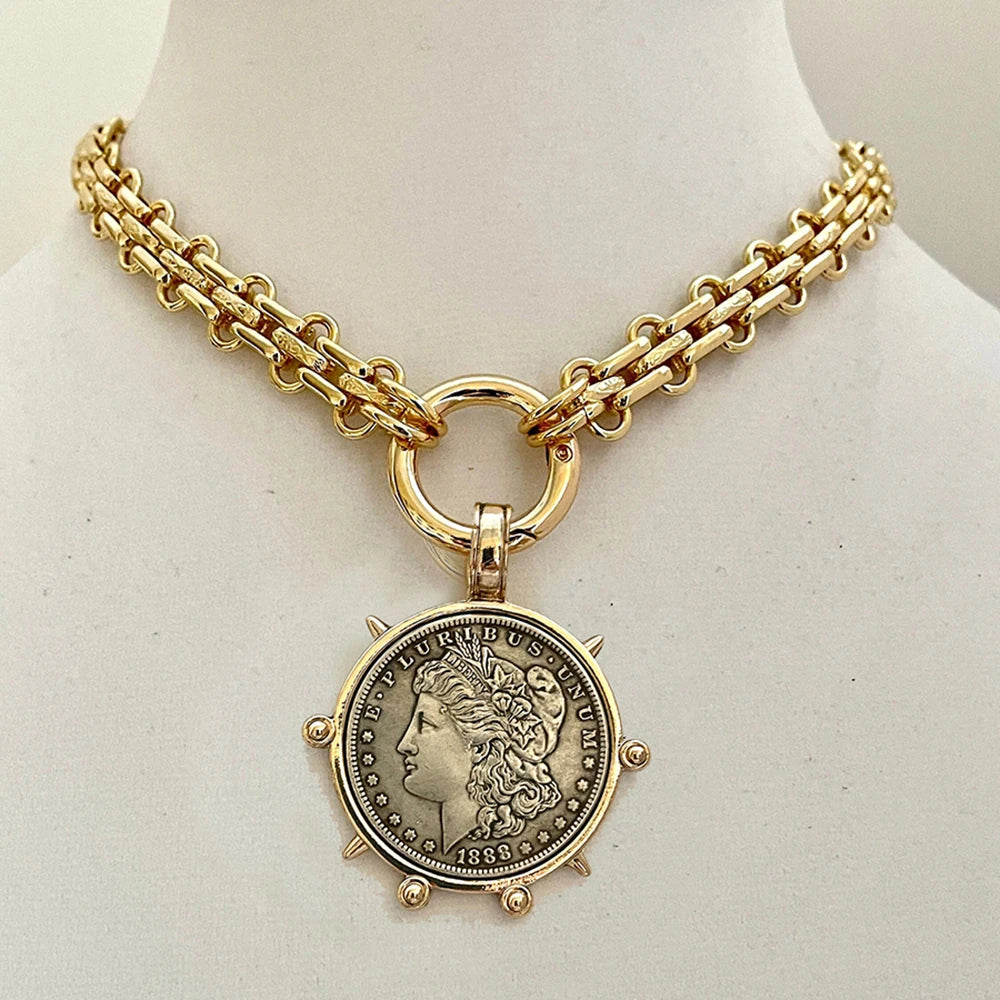 Choker Necklace - Coin Charm Pendant - Cubic Zirconia - Grey | KIMLUD