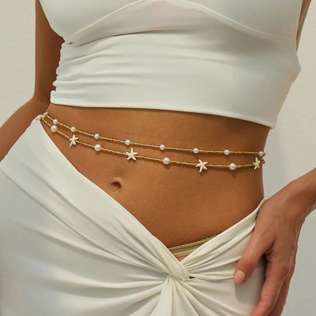 Beaded Rice Bead Waist Chain Two-Piece Set — White | KIMLUD