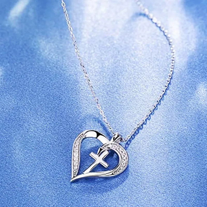 Silver-Tone Necklace Heart Cross Pendant — Silver | KIMLUD