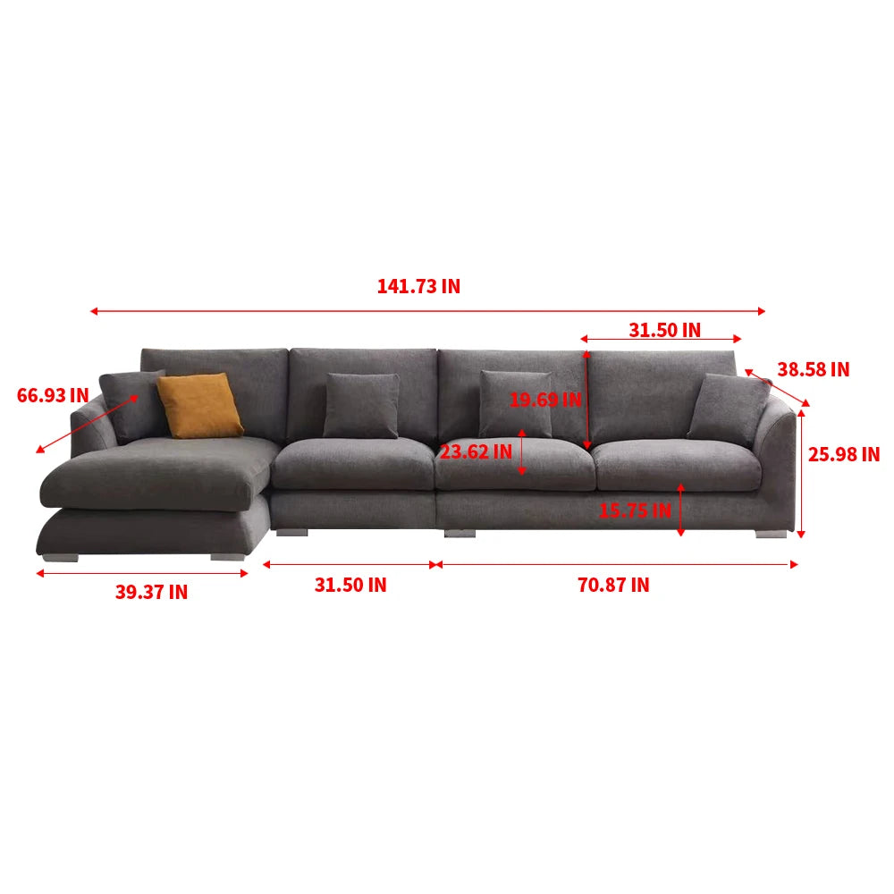 L-Shaped Cloud Down Chaise Sofa With Linen Upholstery And Removable Washable Covers — Ivory | KIMLUD