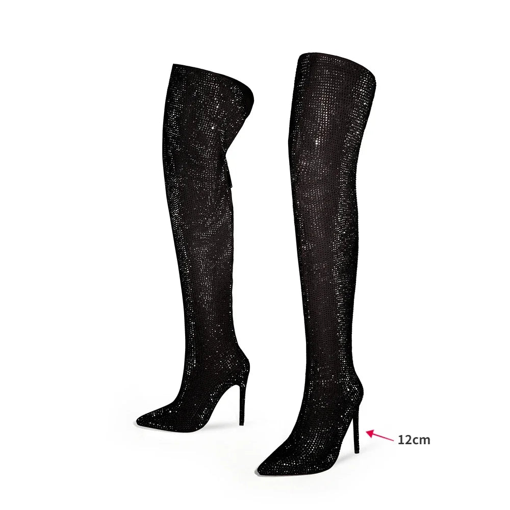 High quality European and American knee length rhinestone pile boots for women's sexy slim high heeled pointed runway boots