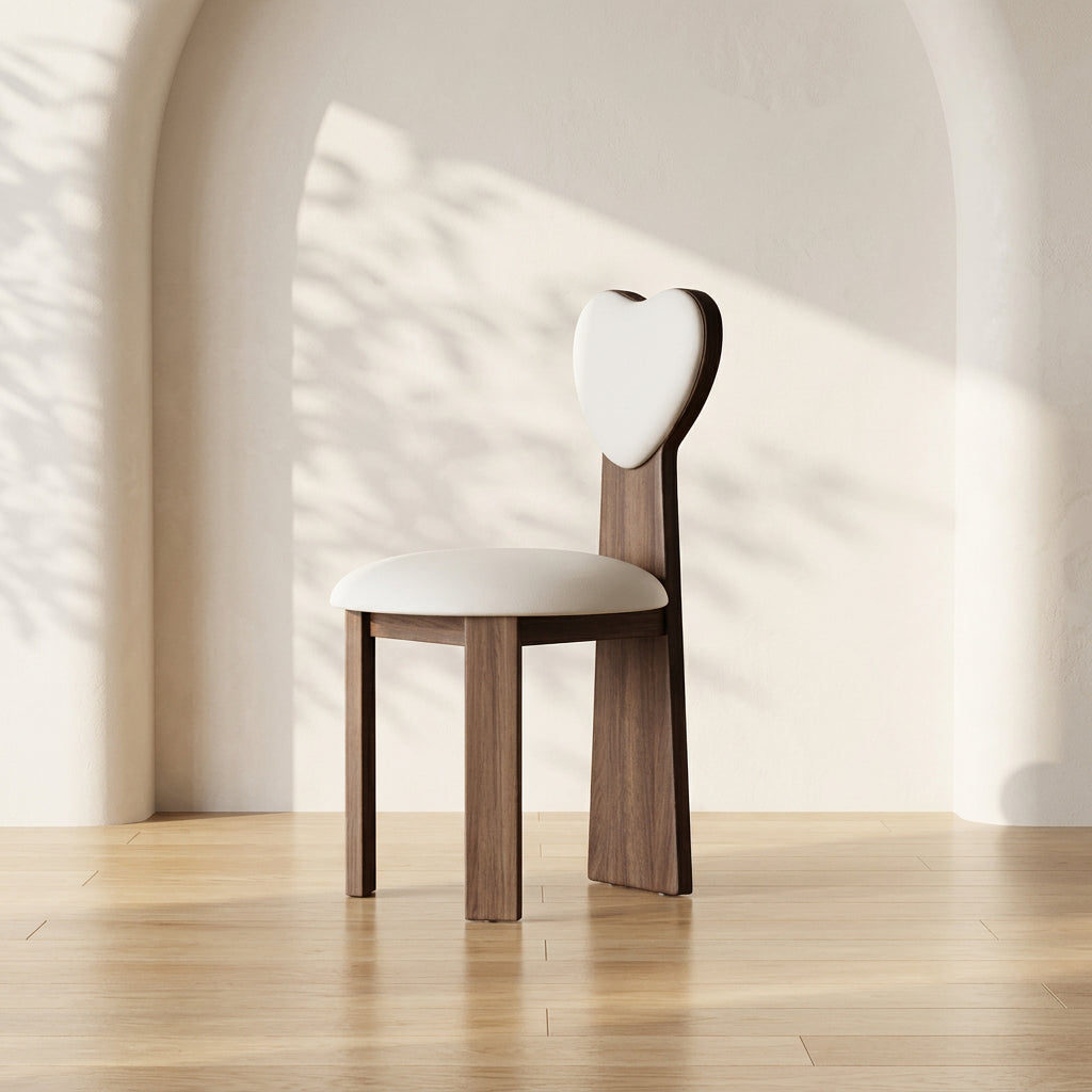 Modern chair with heart-shaped backrest on a neutral background, featuring MEA Chair brand.