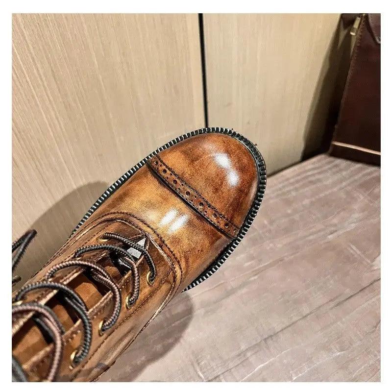 Cow Genuine Leather Motorcycle Boots Brogue Shoes Retro High Big Head Chelsea Men's Boots Ankle Boots For Men Brown