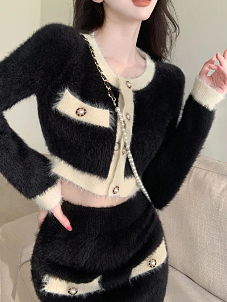 KIMLUD, Winter Fluffy Knit 2 Piece Set Women Patchwork French Vintage Mini Skirt Suit Female Korean Fashion Elegant Office Lady Set 2024, KIMLUD Womens Clothes