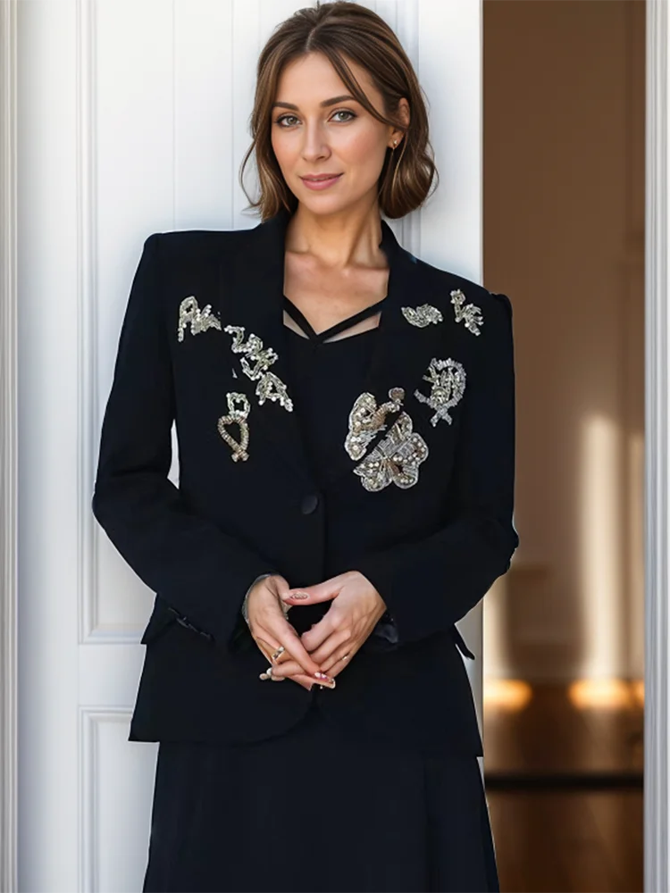 KIMLUD, VGH Casual Patchwork Diamonds Solid Blazers For Women Notched Collar Long Sleeve Spliced Button Slimming Blazer Female Fashion, KIMLUD Womens Clothes