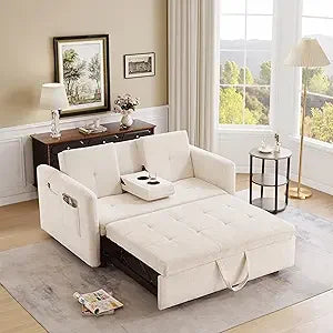 Fabric Upholstery Convertible Sofa Bed With Pull-Out Sleeper, Cup Holders And USB Ports — Brown | KIMLUD