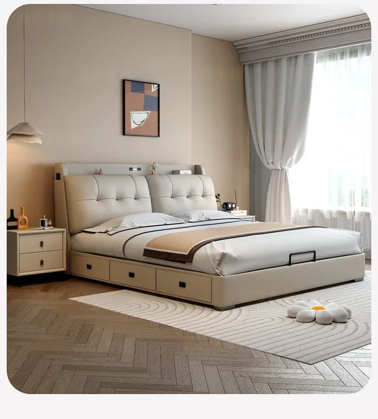 Minimalist Upholstered Bed Frame With Storage — Cream Beige | KIMLUD