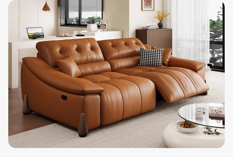 Leather Minimalist Sofa Bed With Hand-Finished First Layer Cowhide And Subtle Italian Hardware — Caramel Brown | KIMLUD