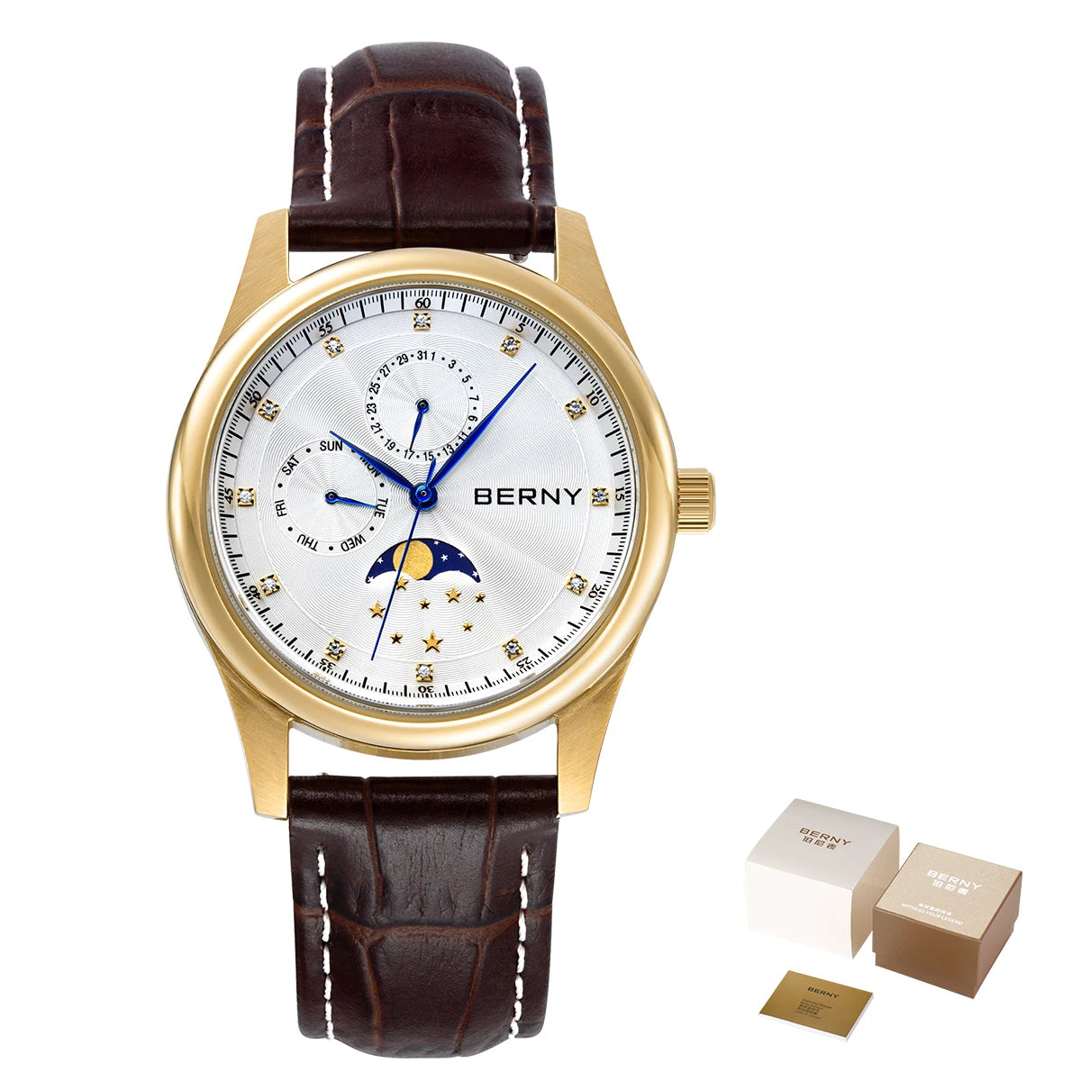 BERNY Men Watch Date Weeks Moon Phase Quartz Watches for Men Stainless Steel Leather Strap Business Wristwatch Male Clock