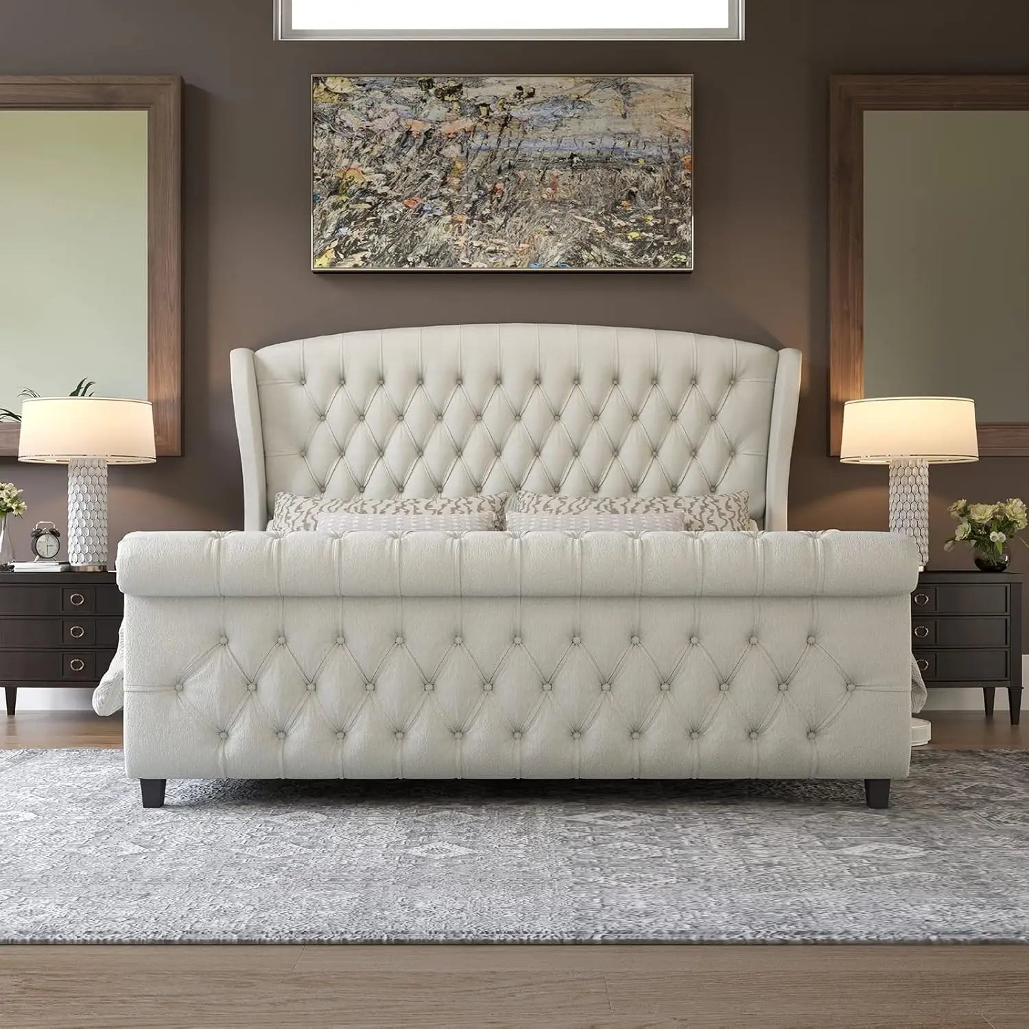 Chenille Upholstered Sleigh Platform Bed Frame — Ivory | KIMLUD