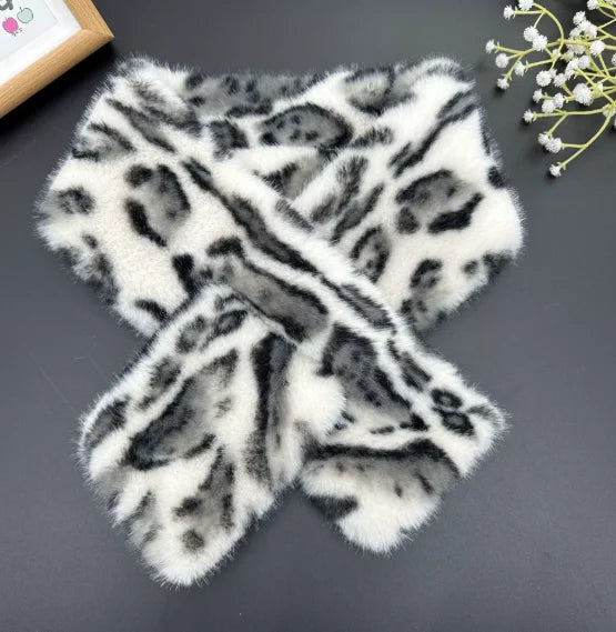 KIMLUD, Winter Leopard Faux Rabbit Fur Scarf Women Girls Scarf Soft Plush Scarves Solid Color Neck Collar Warmer Stuff Christma Gift, KIMLUD Womens Clothes