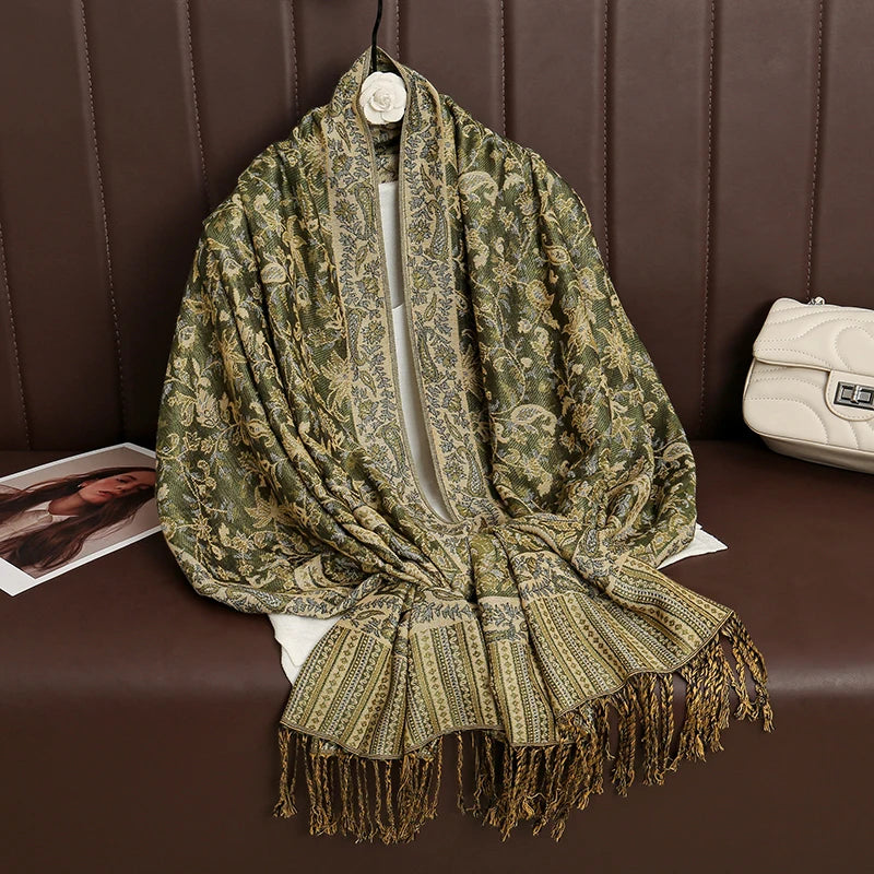 Cashmere Pashmina Shawl With Autumn Print Design, Olive Accents And Gold-Toned Fringe — Red | KIMLUD