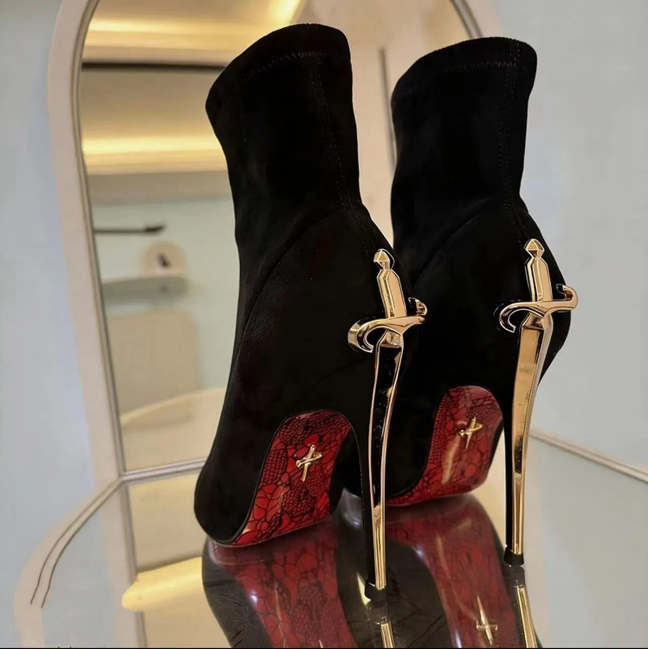 Velvet Boots "High Heel Ankle Boots" Winter — Red | KIMLUD
