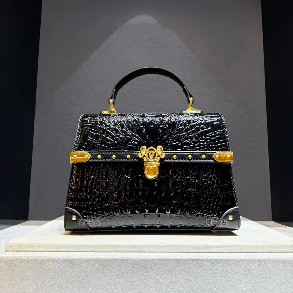 Leather Crocodile Print Crossbody Bag — Black | KIMLUD