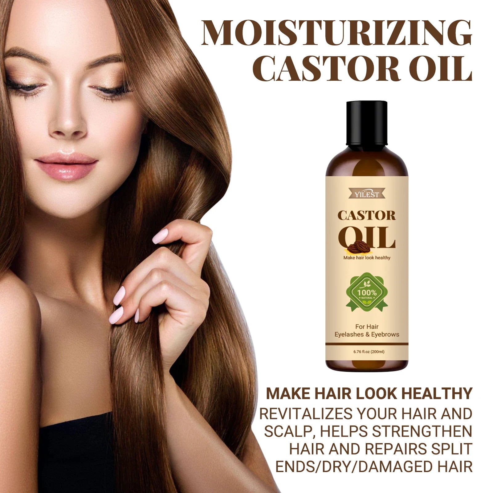 100%Pure Castor Oil - For Hair Growth, Eyelashes Eyebrows Care, Moisturizing & Strengthening Dry Damaged Hair, Repair Split Ends