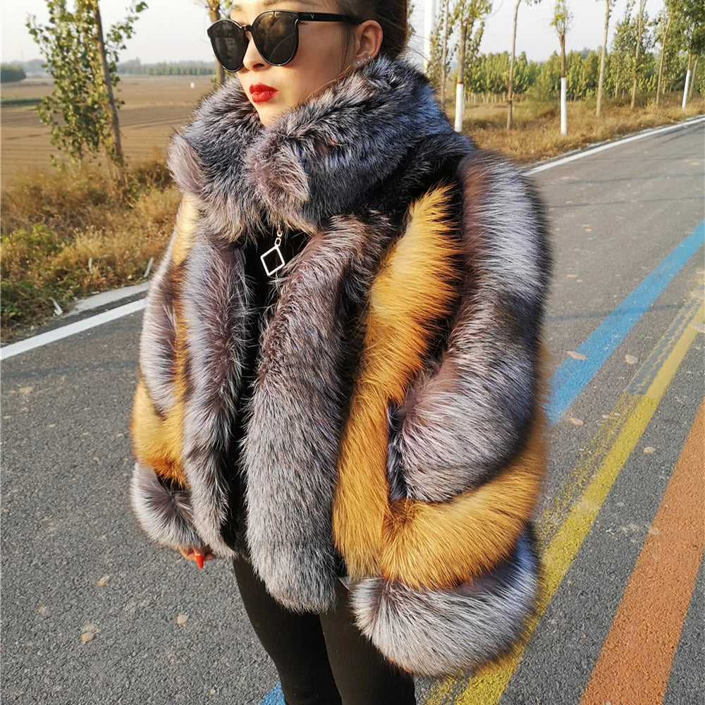 KIMLUD, Real Fox Fur Jacket Women Luxury Genuine Silver Fox Short Coat Full Sleeves Winter Natural Plush Red Fox Fur Coat Female, KIMLUD Womens Clothes