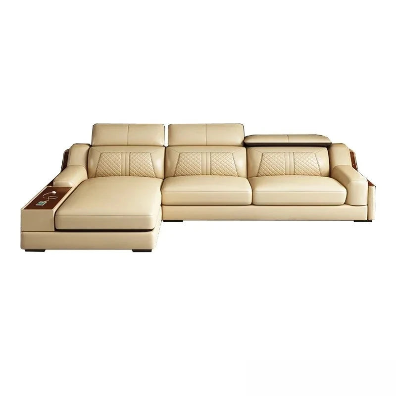 Genuine Italian Leather Sofa L-Shaped With Cup Holders USB Bluetooth — Light Gray | KIMLUD