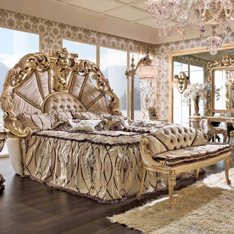 European Luxury Bed Carved Court Headboard Queen — Ivory | KIMLUD