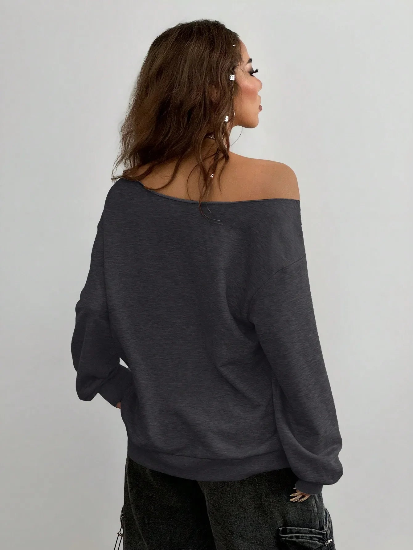 Single Shoulder Knit Top - Loose Long Sleeve - Grey | KIMLUD