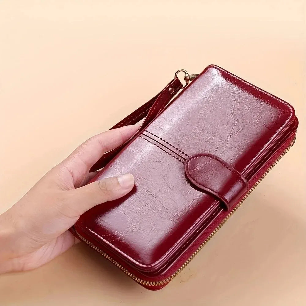 Oil-Wax PU Leather Clutch Wallet Large Capacity Phone Purse — Burgundy | KIMLUD