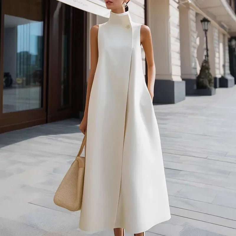 Maxi Dress – High Neck Button Detail – Polyester | KIMLUD