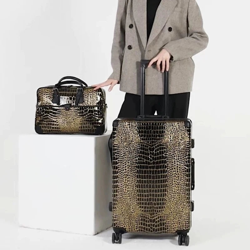 Aluminum Frame Crocodile Print Luggage Set — Black | KIMLUD