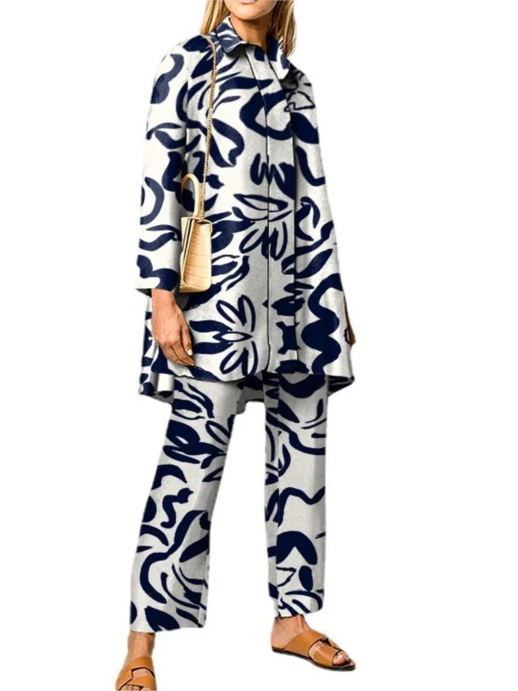 Two-Piece Set – Printed Autumn Vintage – Broadcloth – Wide-Leg Pants | KIMLUD