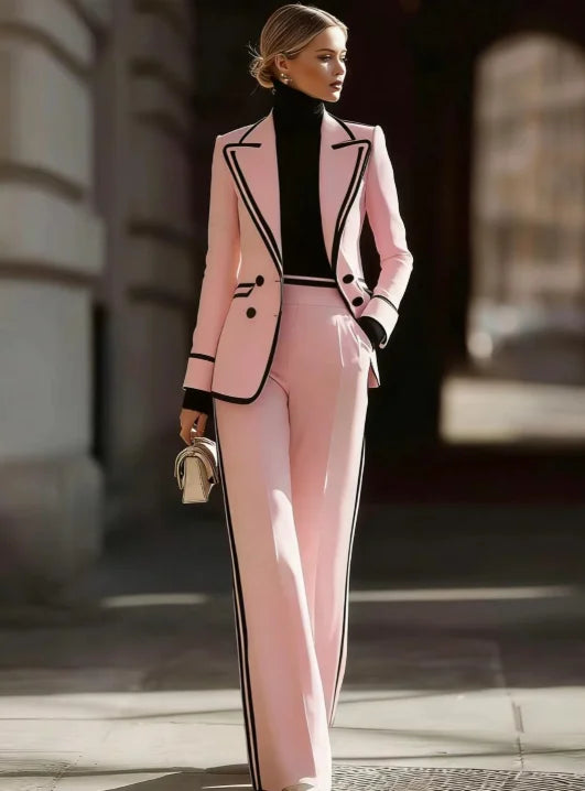 Laminated Polyester Suit Set With Lapel Double Breasted Finishes — White | KIMLUD