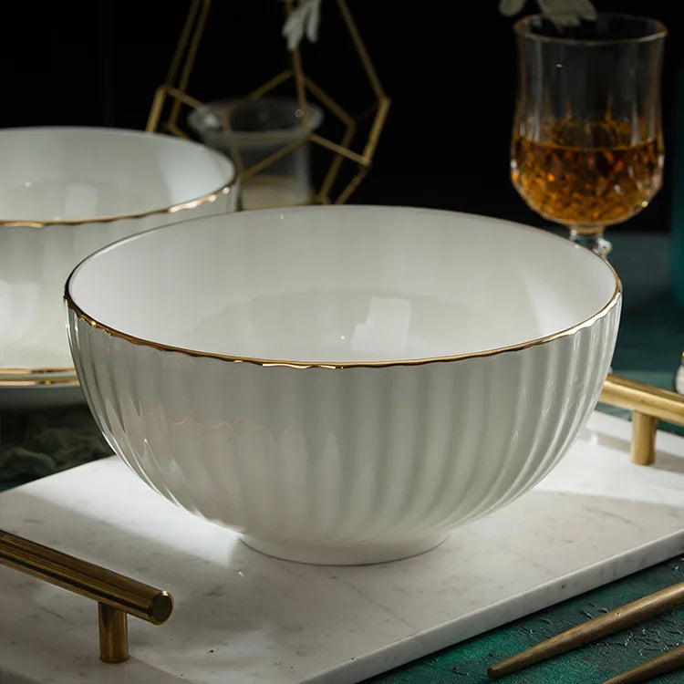 Bone China Dinnerware Set With Gold Accents — White | KIMLUD