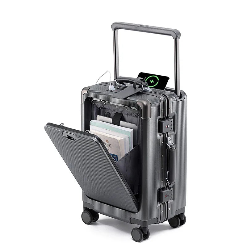 New Suitcase Wide Handle Front Opening Luggage with USB Cup Holder 20/26 Inch Suitcase Trip Cabin Carry-on Password Trolley Case