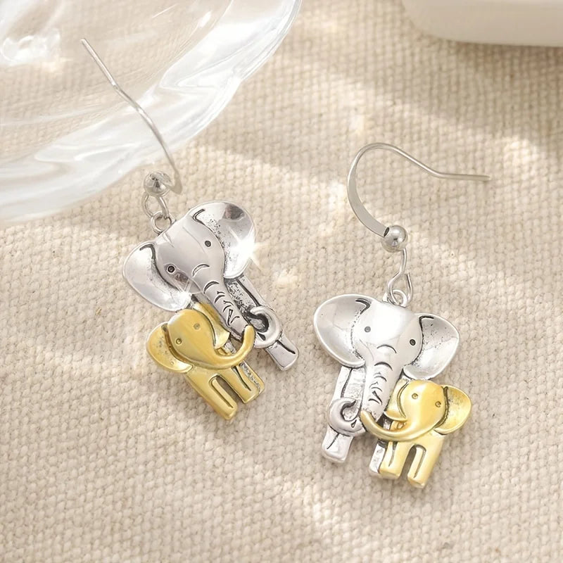 Vintage Handmade Two Tone Elephant Earrings, Animal Earrings, Elephant Enthusiast Earrings