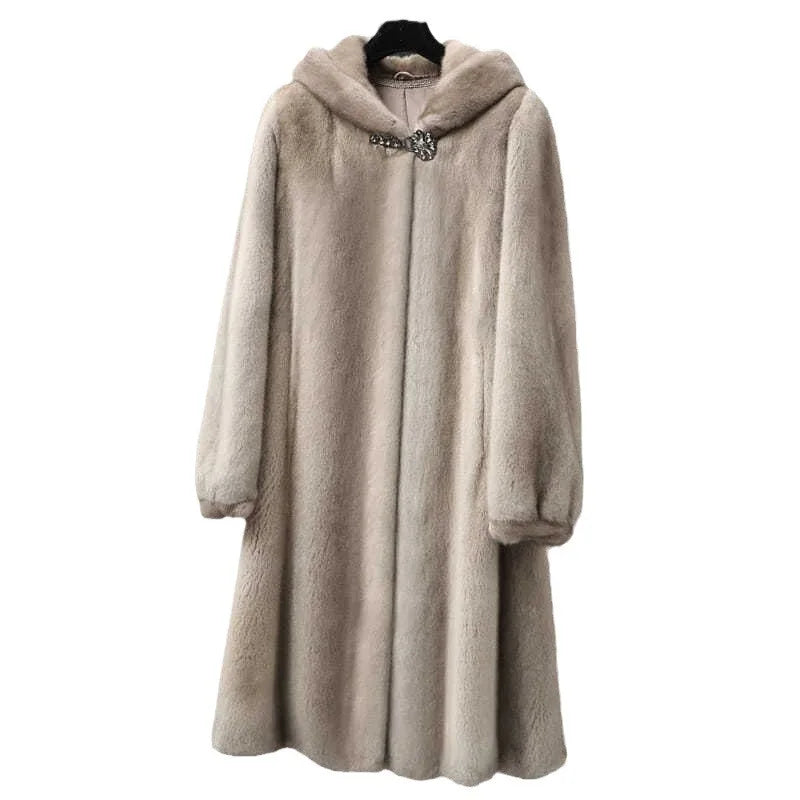 Mid-Length Hooded Luxe Faux Fur Coat — Black | KIMLUD