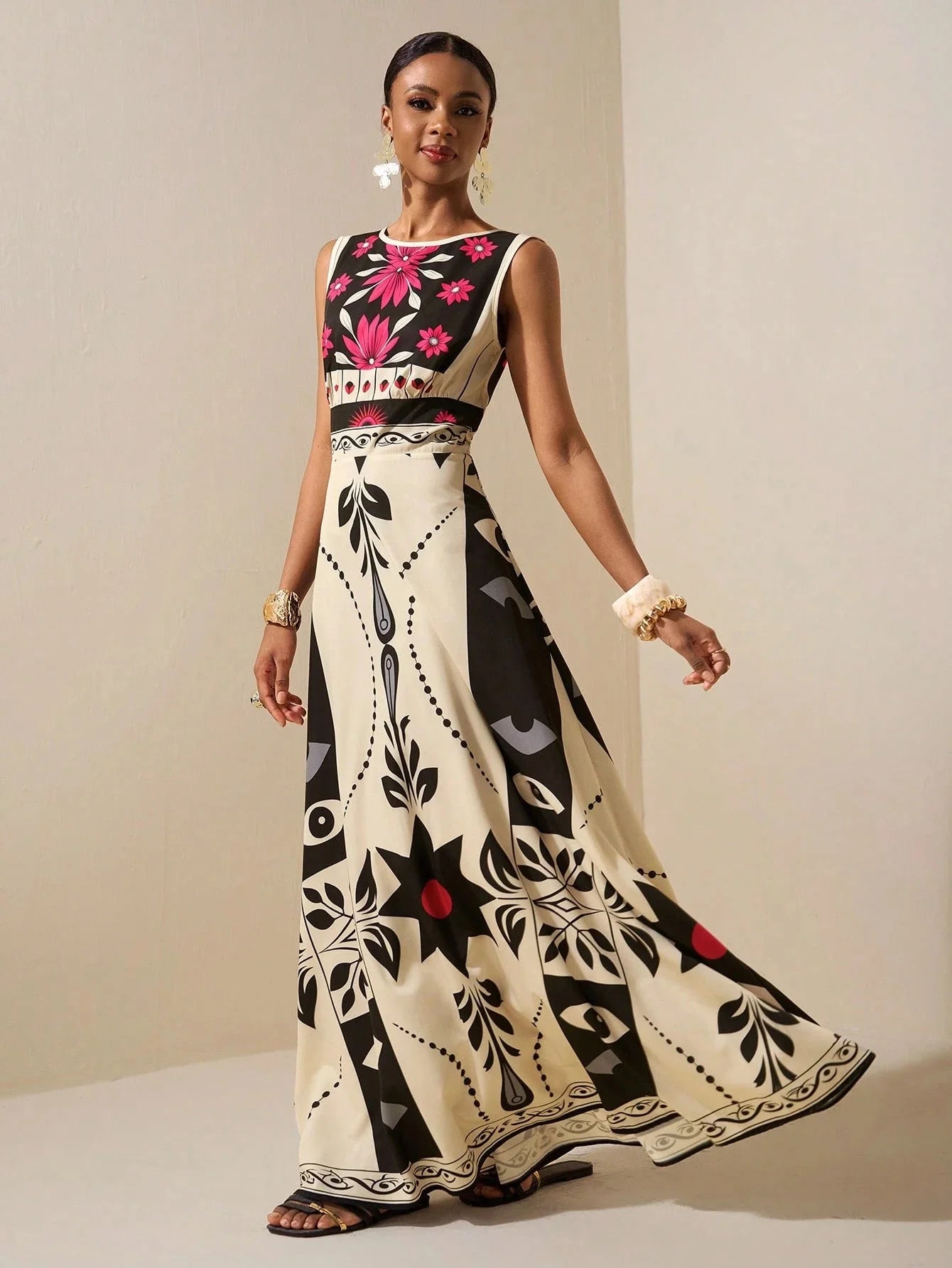 Maxi Dress – Floral Tribal Sleeveless A-Line – Polyester – Red | KIMLUD