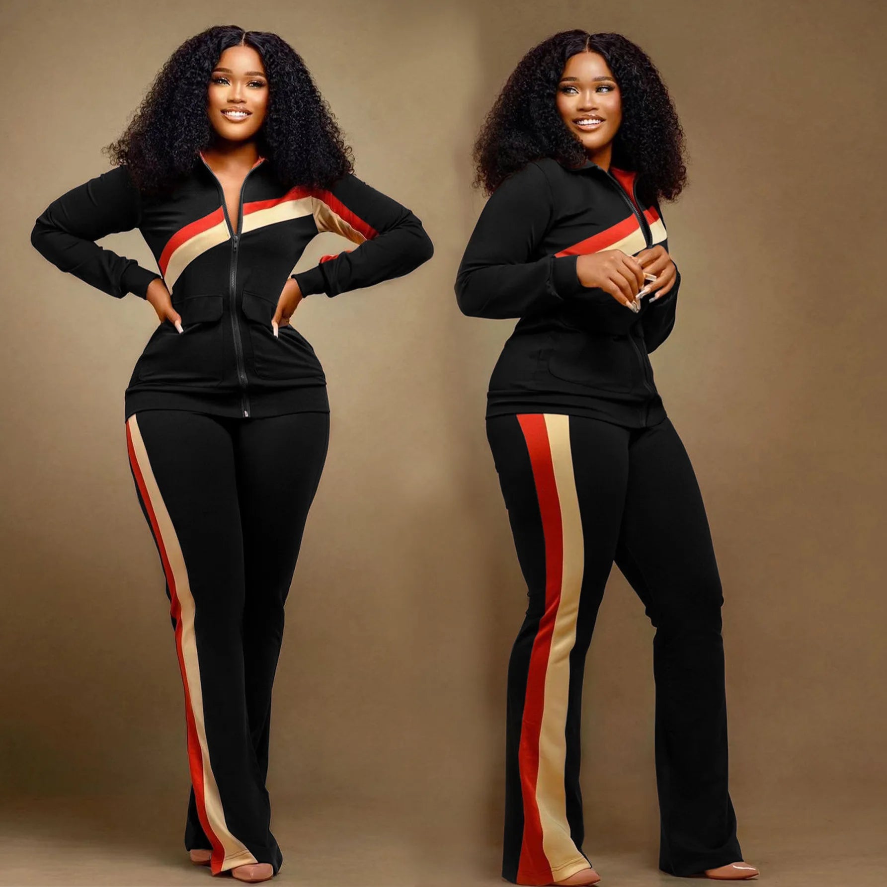 Knit Striped Splicing Two-Piece Sports Set Cream And Burnt-Orange Stripe Panels — Black | KIMLUD