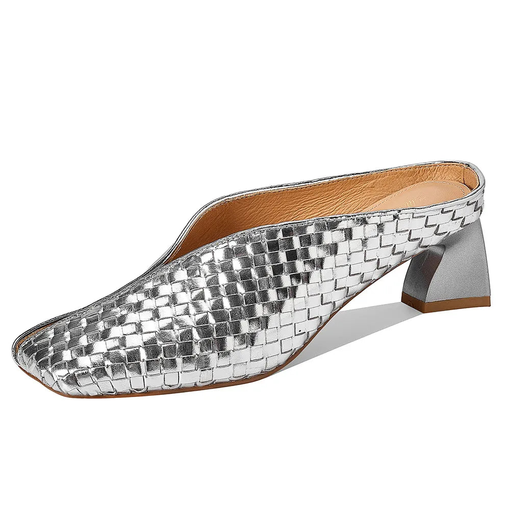 Metallic Cow Leather Slip-On Heels — Gold | KIMLUD