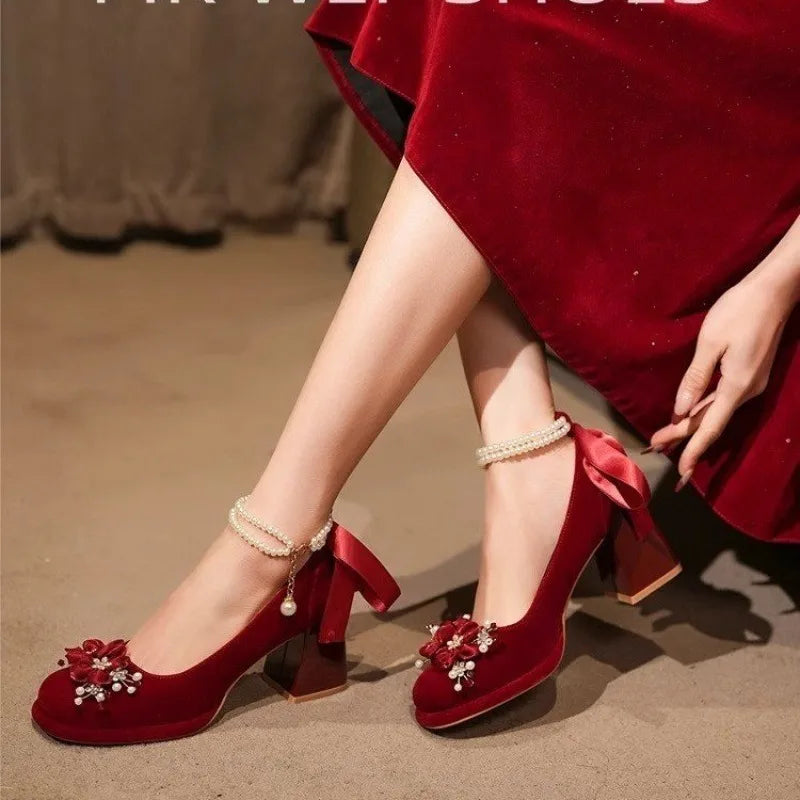 PU Mary Jane Pumps With Crystal Floral Embellishments — Crimson Red | KIMLUD