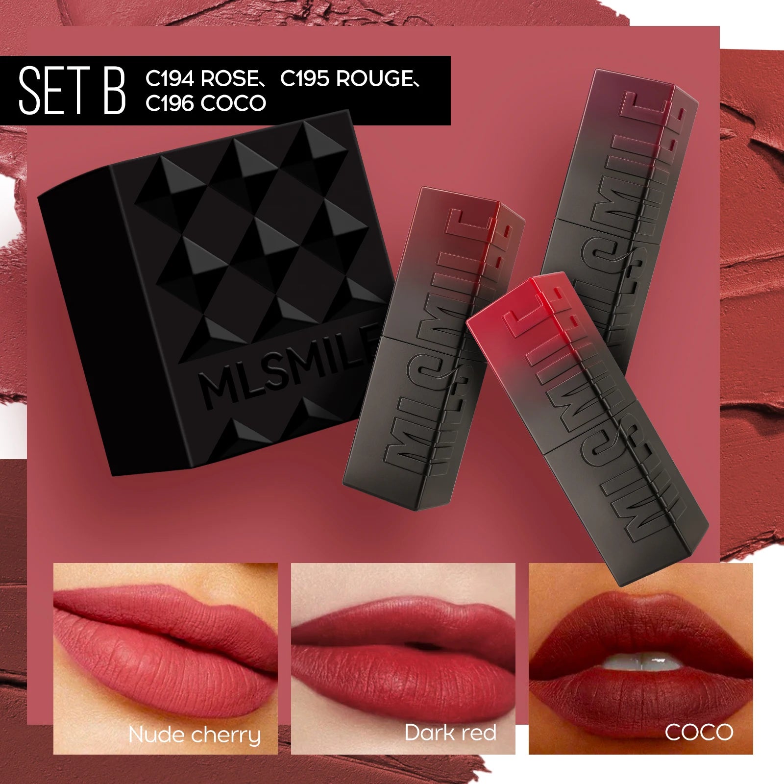 3-Piece Embossed Matte Lipstick Set, Long-Lasting and Hydrating, Easy Application for a Natural Look, Smooth Velvet Matte Finish
