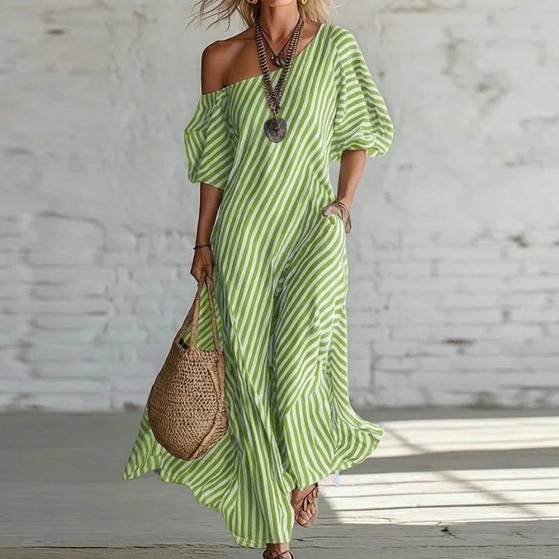 Polyester Patchwork Striped Maxi Dress — Black | KIMLUD