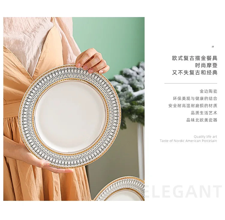 Ceramic Dinner Plates Golden Bead Trim — White | KIMLUD