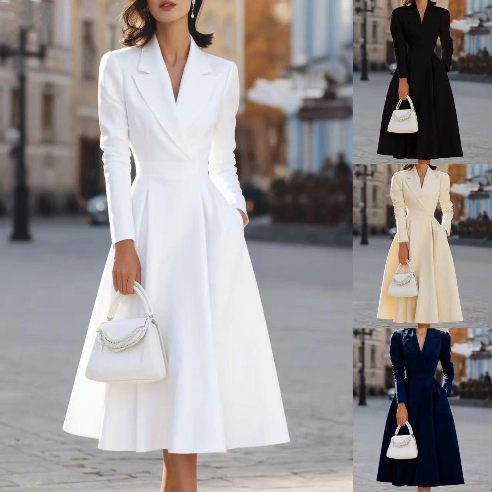 Autumn Winter Women's Elegant Long Dresses Fashion Solid-Color French V-Neck Waist-Cinching Evening Dress Ladies' Party Dresses