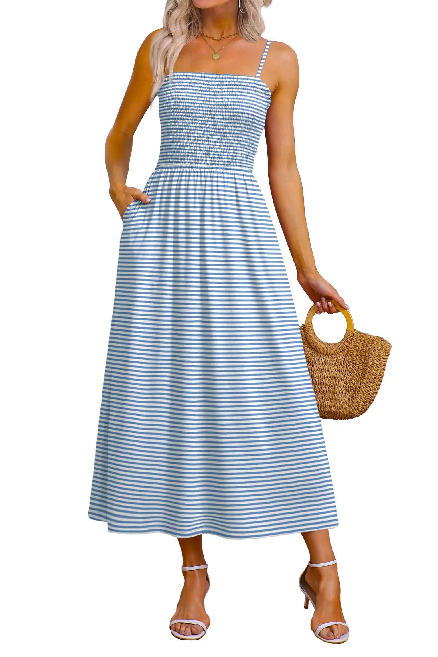 Spaghetti Strap Maxi Dress – Smocked Waist – Polyester Fiber | KIMLUD
