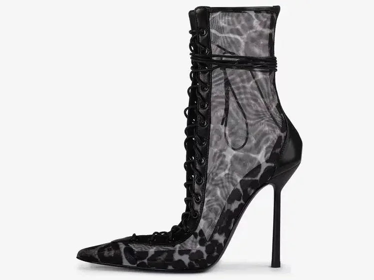 Mesh Leopard Cross Tie Knee-High Boots — Gray | KIMLUD