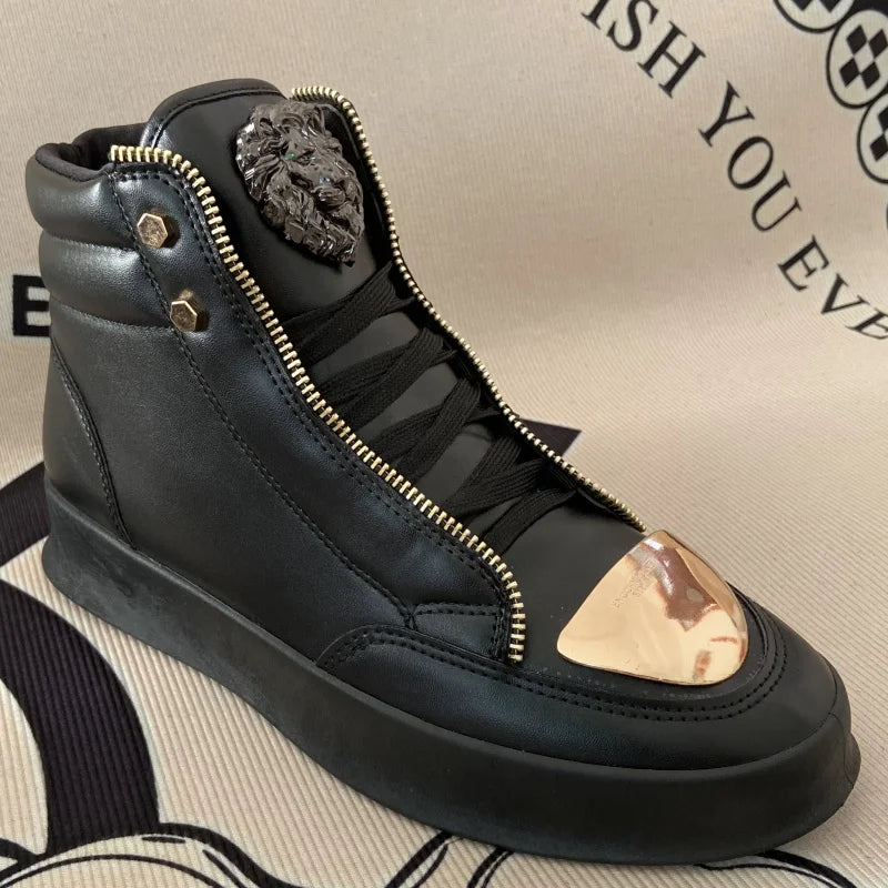 Artificial Leather High-Top Sneakers With Zip Decoration — Black | KIMLUD